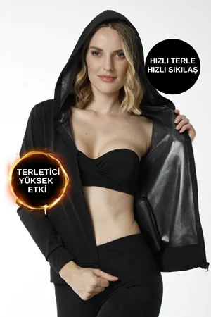 Kadın Erkek Termal Sauna Kapüşonlu Spor Montu Siyah