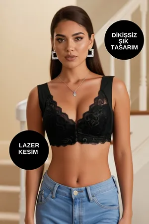 Push Up Önden Agraflı Dantelli Bralet Siyah