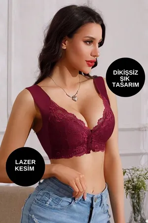 Push Up Önden Agraflı Dantelli Bralet Bordo