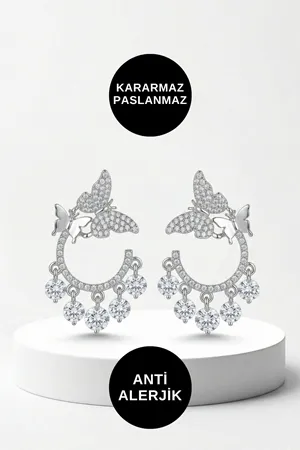 Kelebek Halka Zirkon Taşlı Çelik Küpe