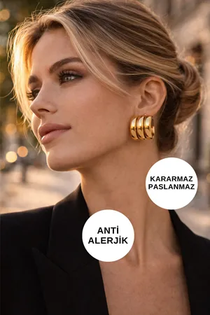 Altın Üçlü Yarım Halka Çelik Küpe