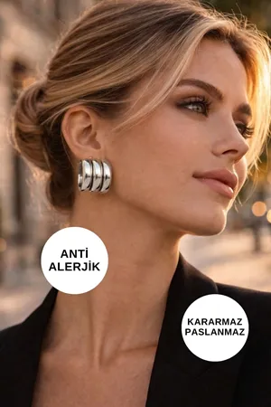 Gümüş Renk Üçlü Halka Çelik Küpe