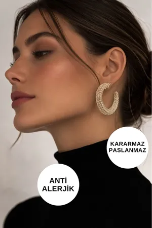 Altın Zirkon Taşlı Hilal Çelik Küpe
