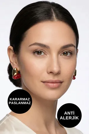 Bordo Taşlı Sallantılı Altın Çelik Küpe