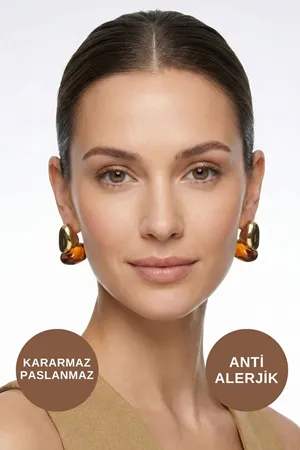 Kehribar Taşlı Sallantılı Altın Çelik Küpe