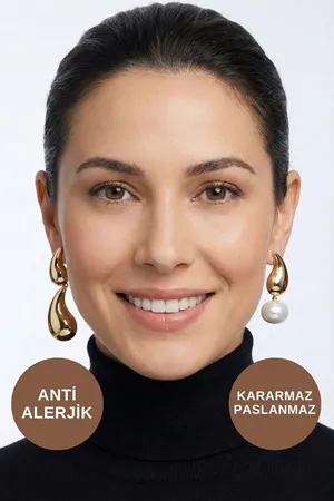 İnci Detaylı Uzun Sallantılı Altın Çelik Küpe