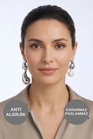 İnci Detaylı Uzun Sallantılı Gümüş Çelik Küpe