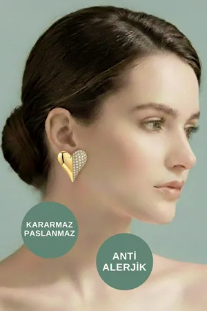 Zirkon Taşlı Kalp Model Gold Çelik Küpe