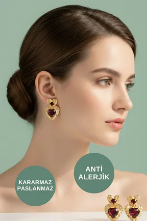 Kehribar Renkli Kalp Model Gold Çelik Küpe