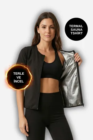 Fermuarlı Termal Sauna Terletici Spor Tişörtü Siyah
