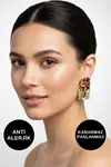 Bordo Taşlı Büyük Altın Çelik Küpe